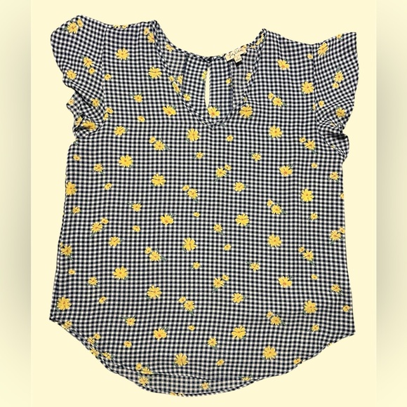Lily White Tops - NWT Lily White Blue and White Gingham Top with Yellow Flowers
